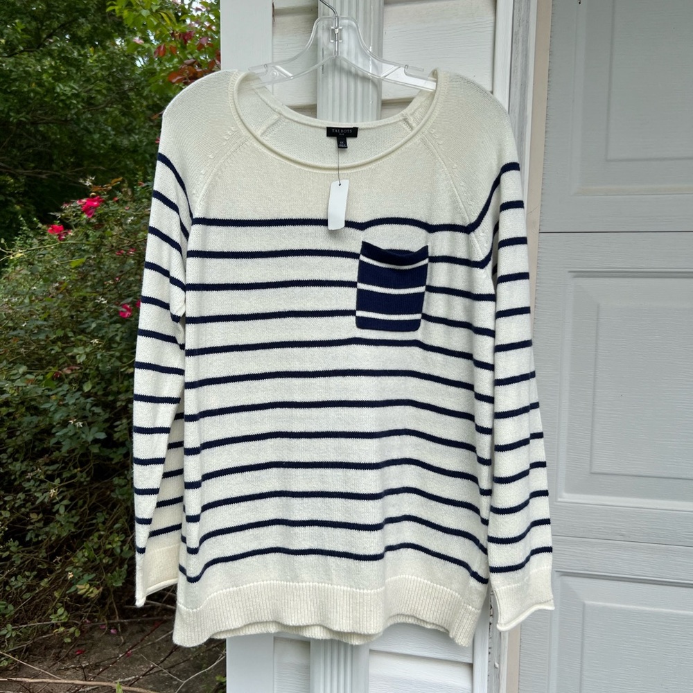NWT Talbots Cozy Cream Navy Stripe Pocket Front Sweater